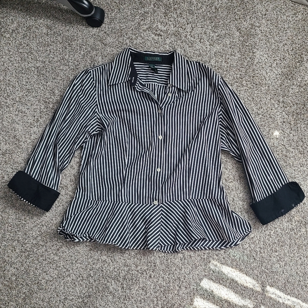 Lauren Ralph Lauren Black & White Stripe 3/4 Sleeve Peplum Button Down Shirt 12